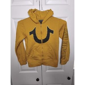 True Religion‎ Hoodie Boys Size 7 Yellow Logo Full Zip Fleece Sweatshirt Pockets